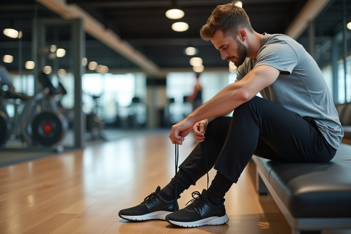 Jeune homme assis sur un banc dans une salle de sport moderne