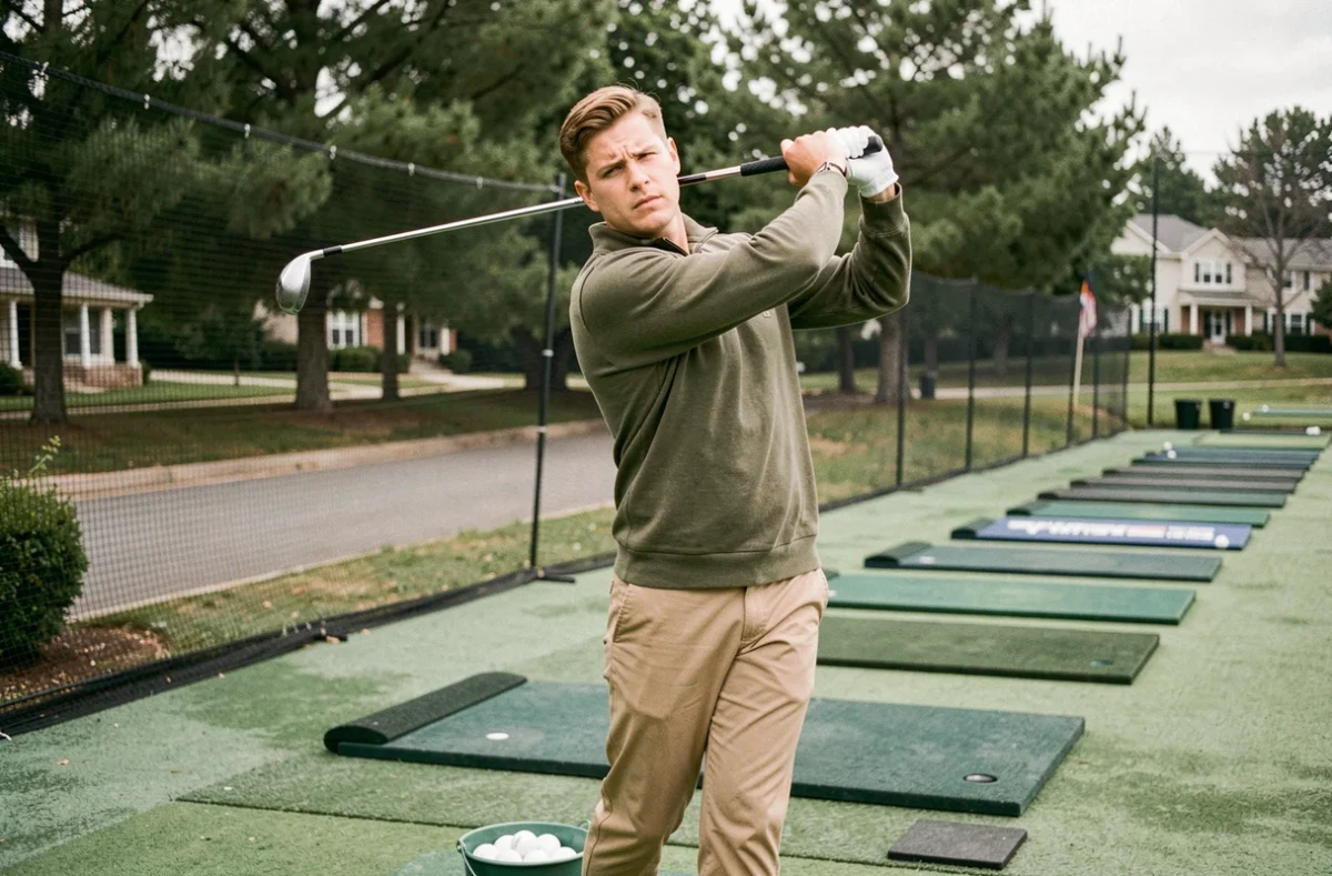 Jeune homme en plein swing au practice de golf, représentant un débutant qui surmonte sa timidité et sa peur du regard des autres au golf