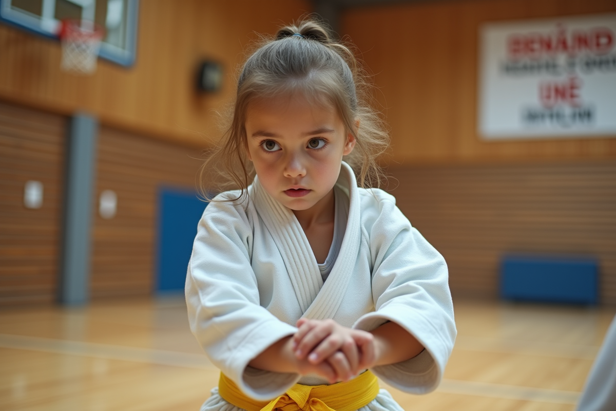 Fille de judo en action lors d’un combat intérieur