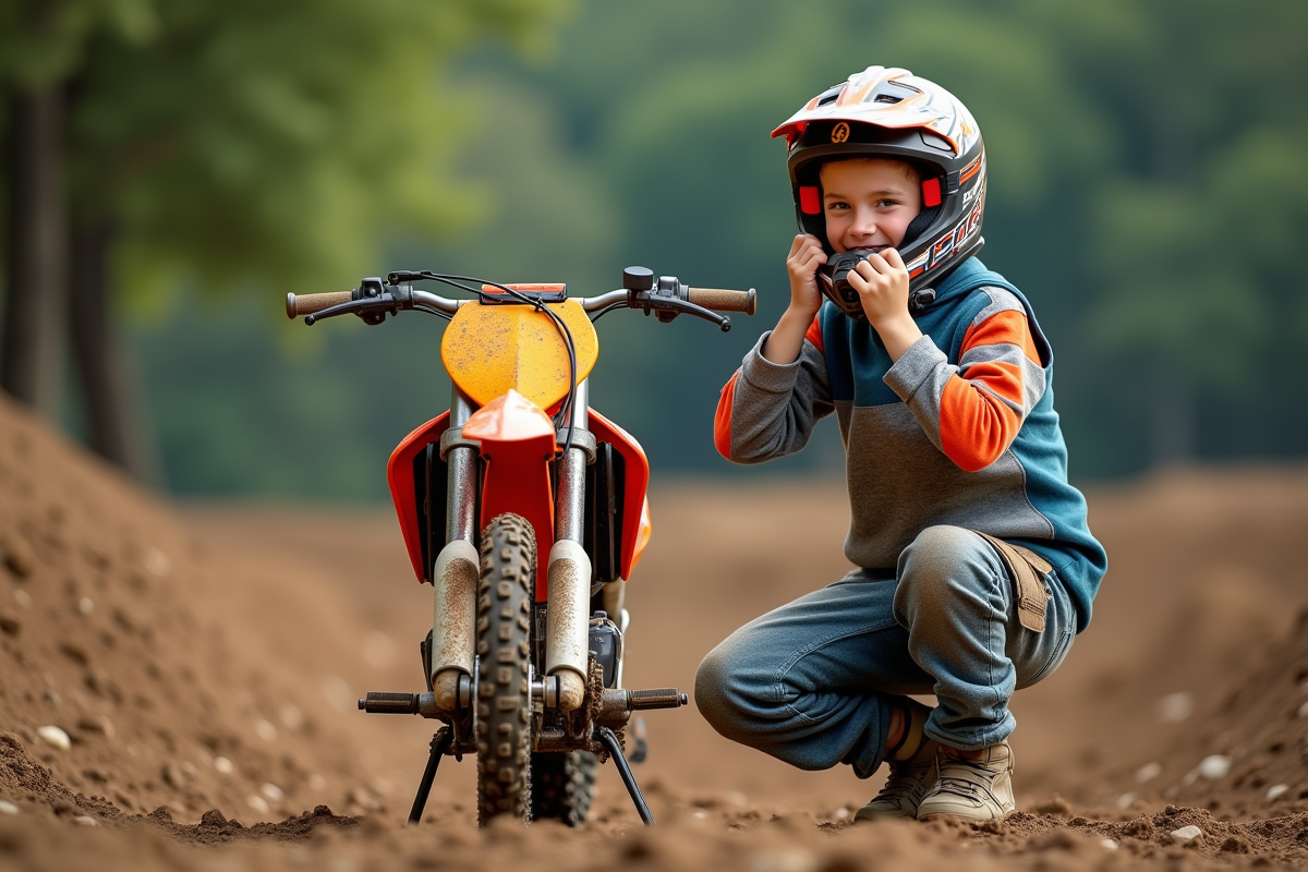 Jeune garçon en équipement motocross ajustant son casque près d'un pit bike
