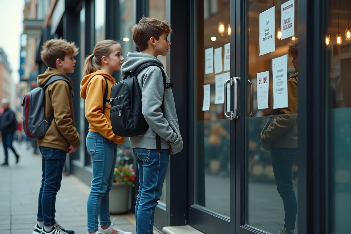 Groupe d'adolescents lisant les conditions d'âge affichées à l'entrée d'une salle Basic Fit