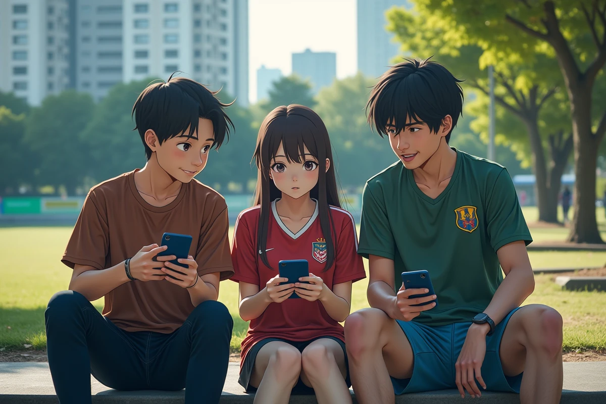 Trois adolescents discutant manga Blue Lock en extérieur