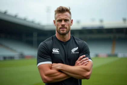 Joueur des All Blacks en maillot noir avec fougère argentée sur pelouse de rugby, regard déterminé vers l'objectif