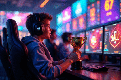 Jeune joueur esport avec trophée en arena moderne
