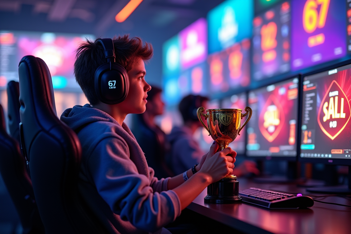 Jeune joueur esport avec trophée en arena moderne