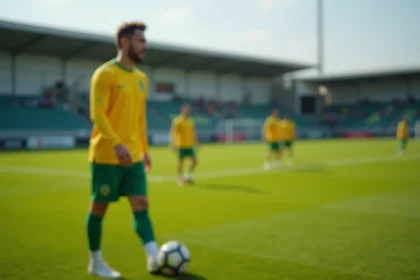 Joueur du FC Nantes en maillot jaune et vert sur le terrain d'entraînement, illustrant le mercato estival