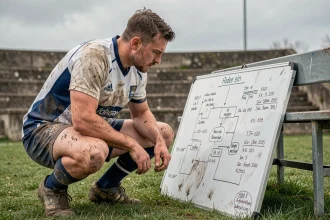 Joueur de rugby de Fédérale 2 analysant des statistiques tactiques sur un tableau blanc au bord du terrain