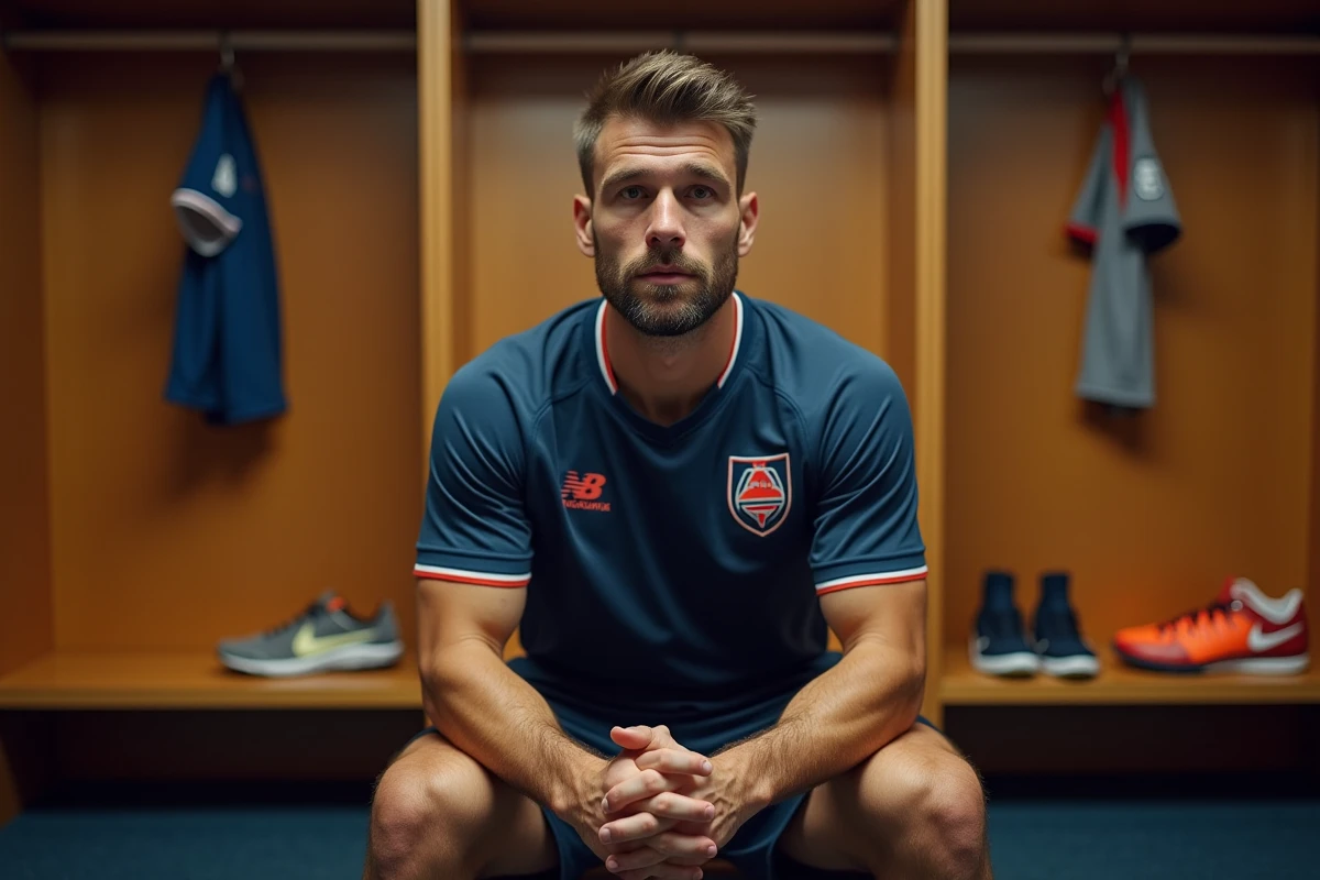 Joueur de football assis dans un vestiaire moderne avec des crampons et maillots en arrière-plan, expression de détermination silencieuse évoquant la réflexion sur une carrière