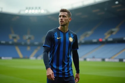 Joueur de football professionnel en maillot de l'Inter Milan sur le terrain d'entraînement, posture concentrée et ballon aux pieds
