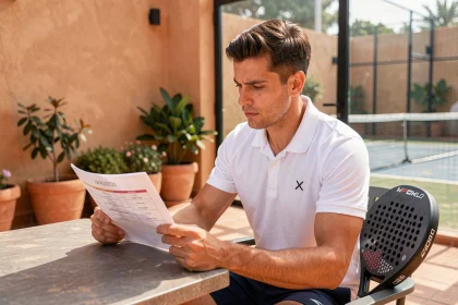Joueur de padel analysant un tableau de tournoi P100 en terrasse de club pour optimiser son classement 2026