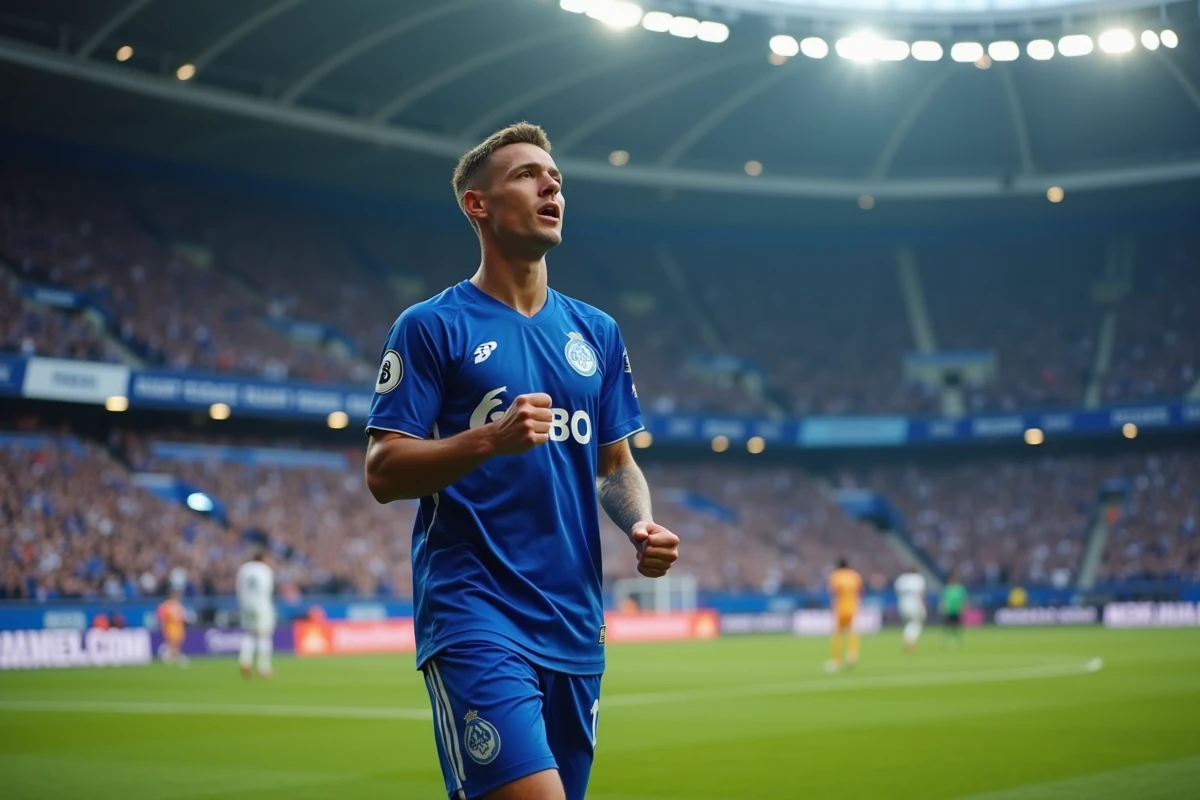 Joueur du FC Porto célébrant un but dans un grand stade européen bondé lors d'un match de compétition internationale