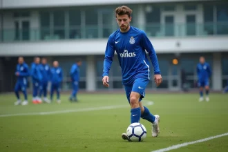 Jeune joueur du FC Porto effectuant des exercices de contrôle de balle lors d'un entraînement professionnel sur le terrain d'entraînement du club