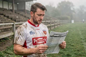 Joueur de rugby amateur consultant le classement Fédérale 3 2026 sur la touche d'un terrain en herbe