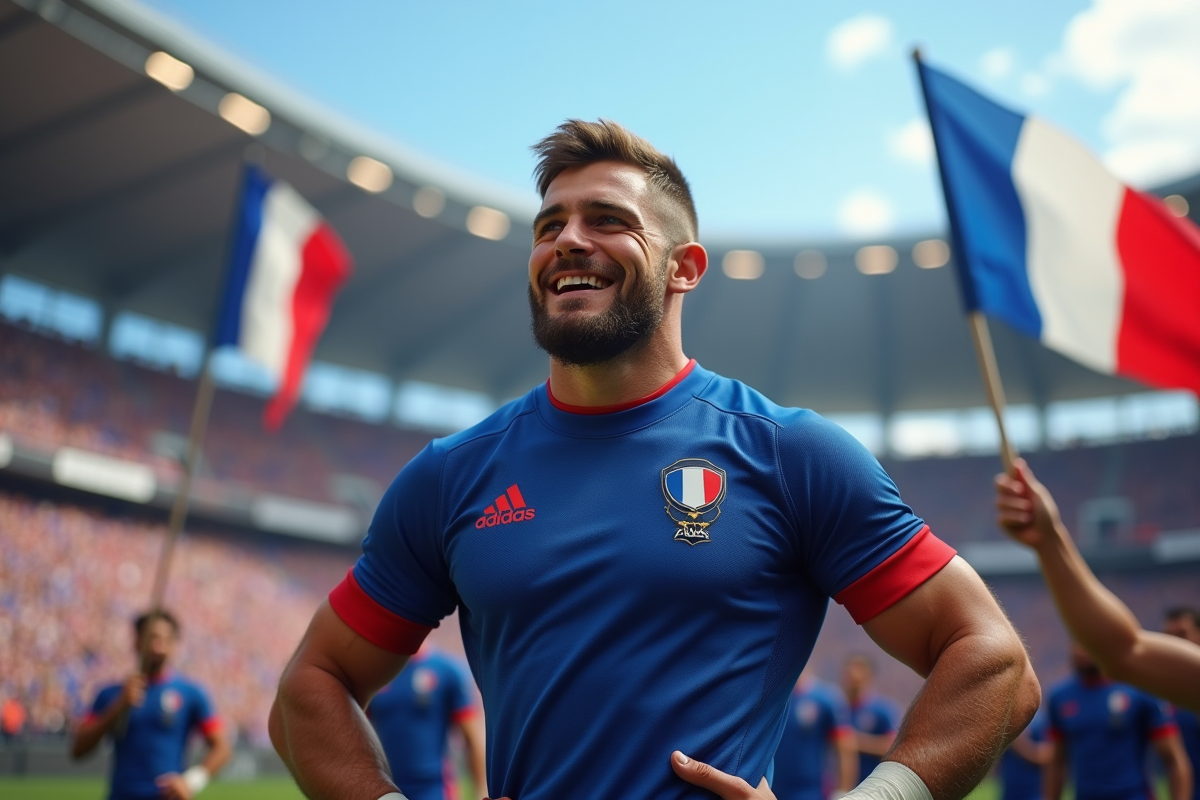 Joueur de rugby français en maillot 2025 dans un stade vibrant