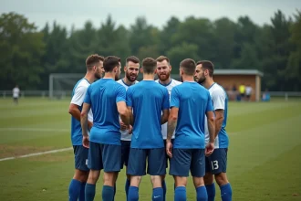 Joueurs de football amateur du district de l'Orne en huddle avant un match sur un terrain rural