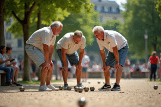 Trois adultes jouent à la pétanque dans un parc urbain parisien