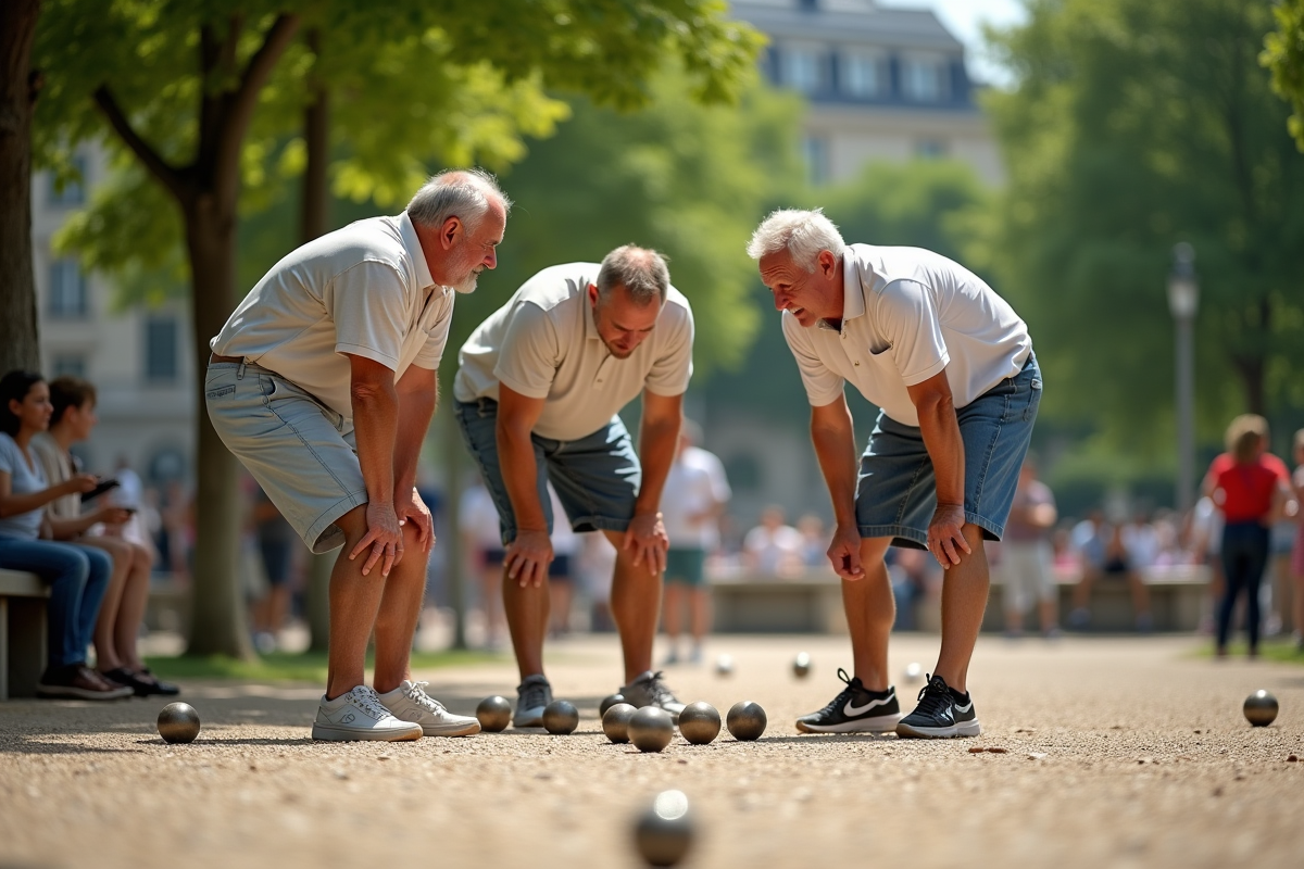 Trois adultes jouent à la pétanque dans un parc urbain parisien