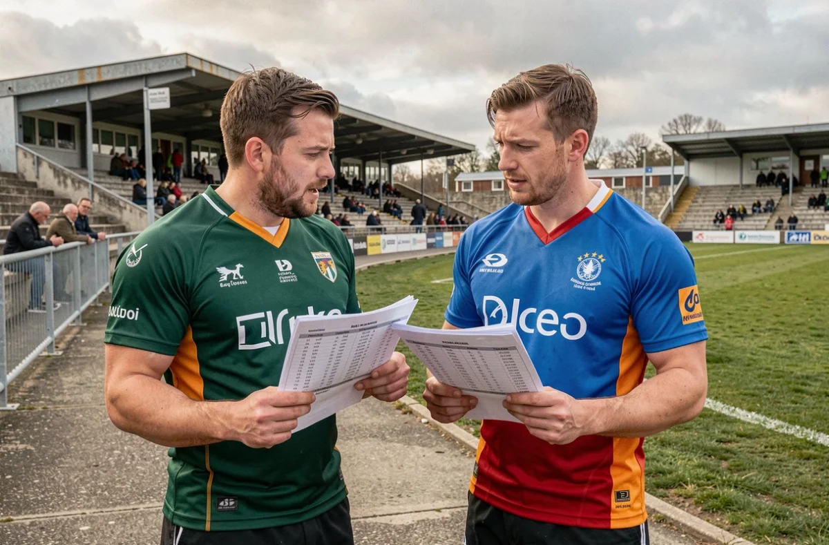 Deux joueurs de rugby de Fédérale 2 analysant des feuilles de statistiques en bord de terrain lors d'une séance d'entraînement