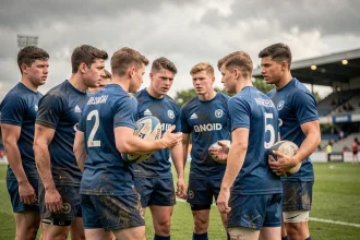 Jeunes joueurs de rugby U20 en discussion tactique sur le terrain avant un match de coupe du monde