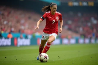 Joueuse de football américaine portant le maillot de l'équipe nationale rouge et blanc, dribblant avec détermination sur un terrain de stade lors d'un match officiel