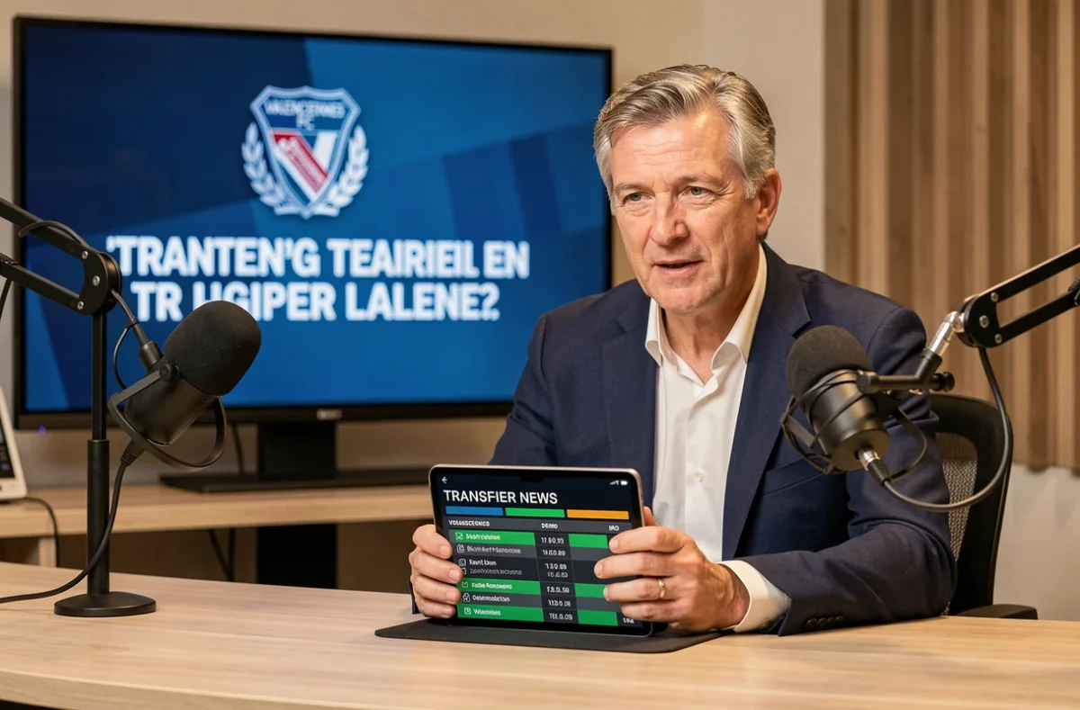 Journaliste sportif analysant les transferts estivaux de Valenciennes FC dans un studio de télévision régionale