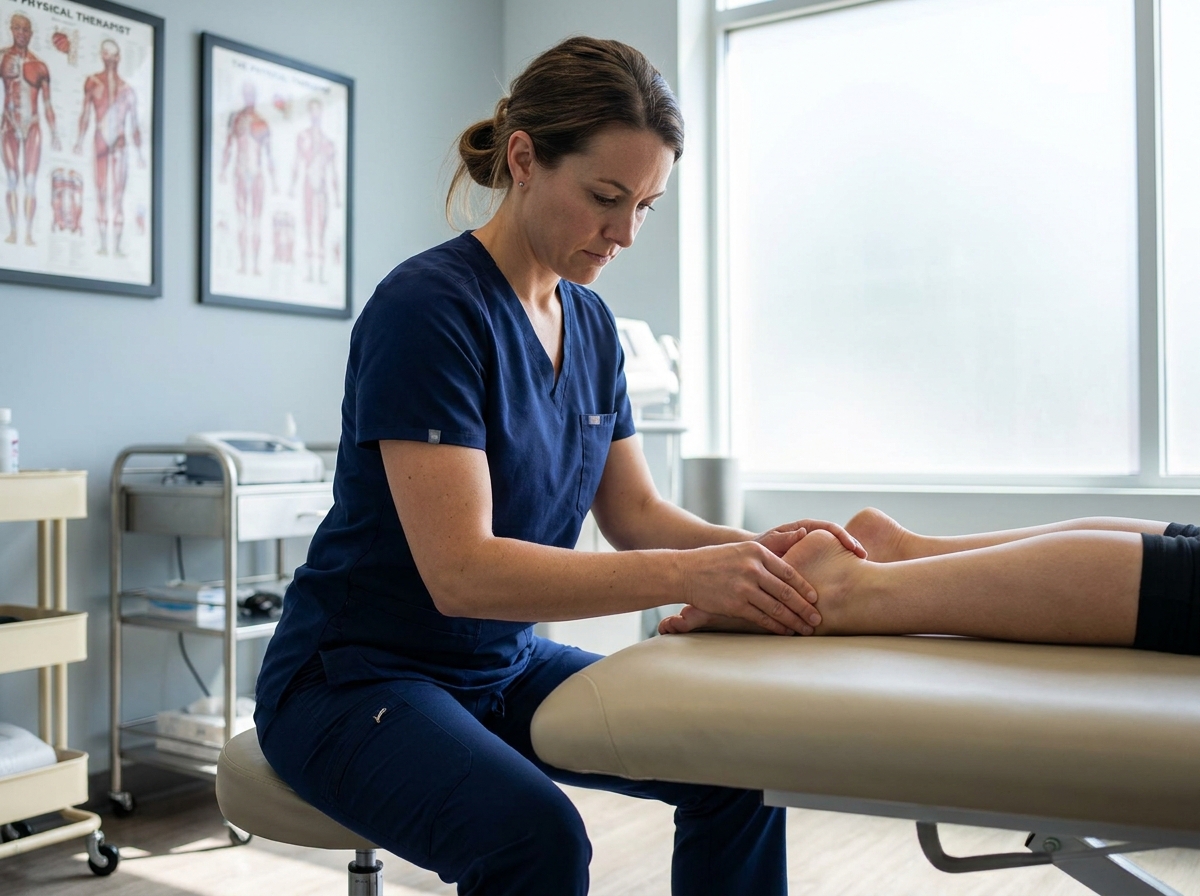Kinésithérapeute examinant le tendon d'Achille d'un patient lors d'une séance de rééducation