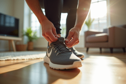 Personne nouant ses chaussures de sport modernes dans un salon lumineux