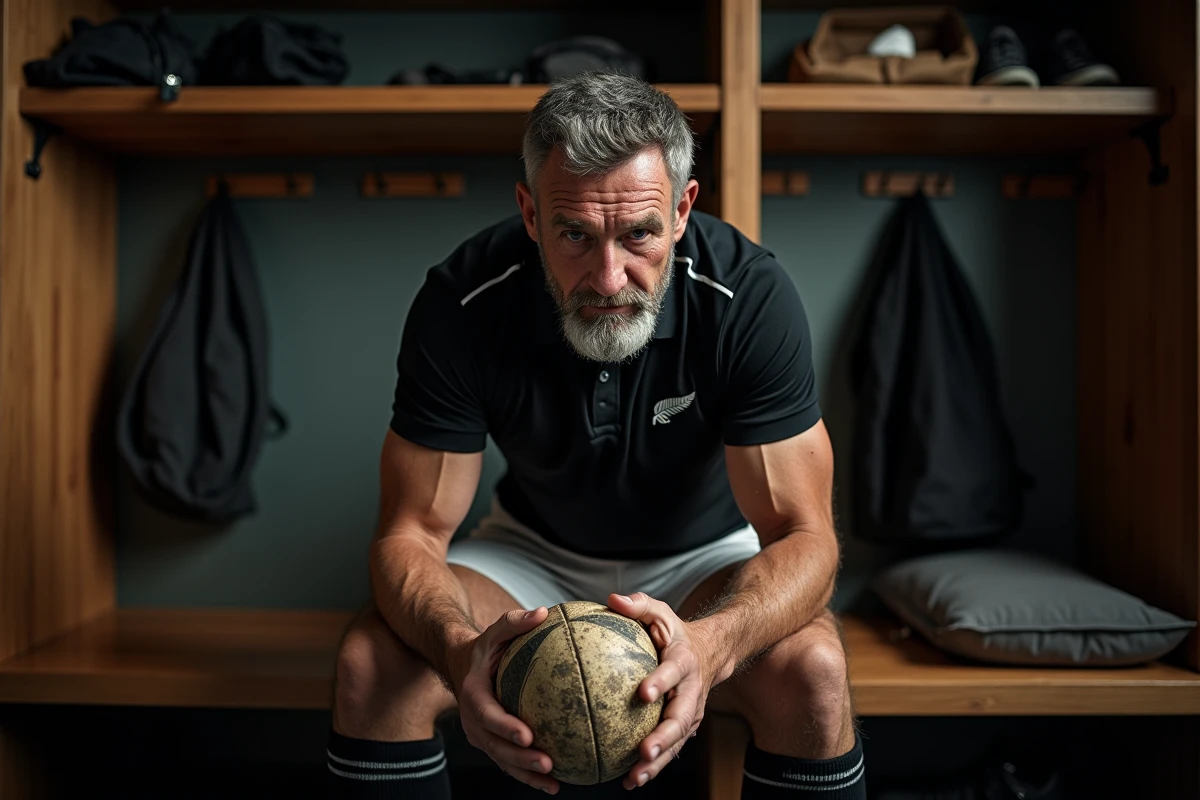 Ancienne légende des All Blacks en maillot vintage assis dans un vestiaire, tenant un ballon de rugby usé avec une expression nostalgique