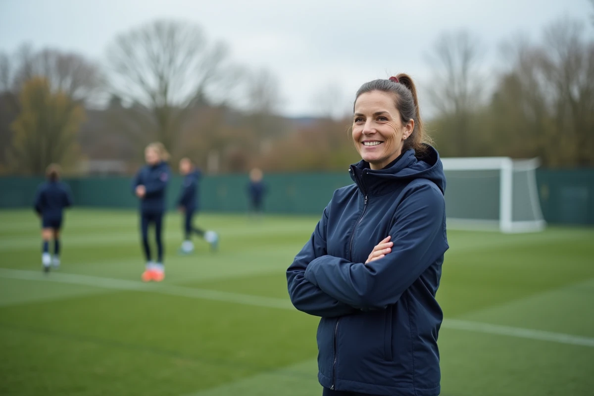 Icône du football féminin reconvertie en entraîneuse sur un terrain d'entraînement pour jeunes, posture bienveillante et souriante avec des joueurs en arrière-plan flou