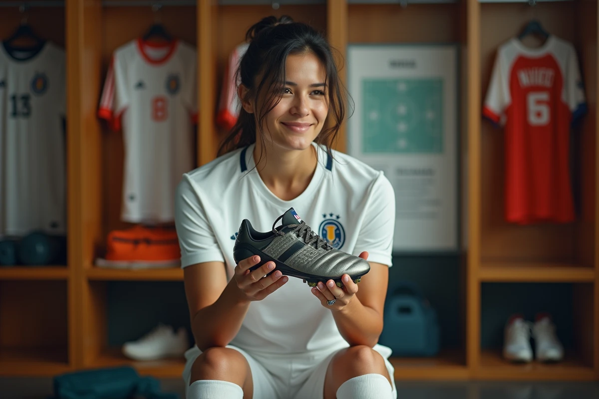 Joueuse de football professionnelle tenant une chaussure de foot usée dans un vestiaire, expression de fierté et de nostalgie évoquant une carrière légendaire