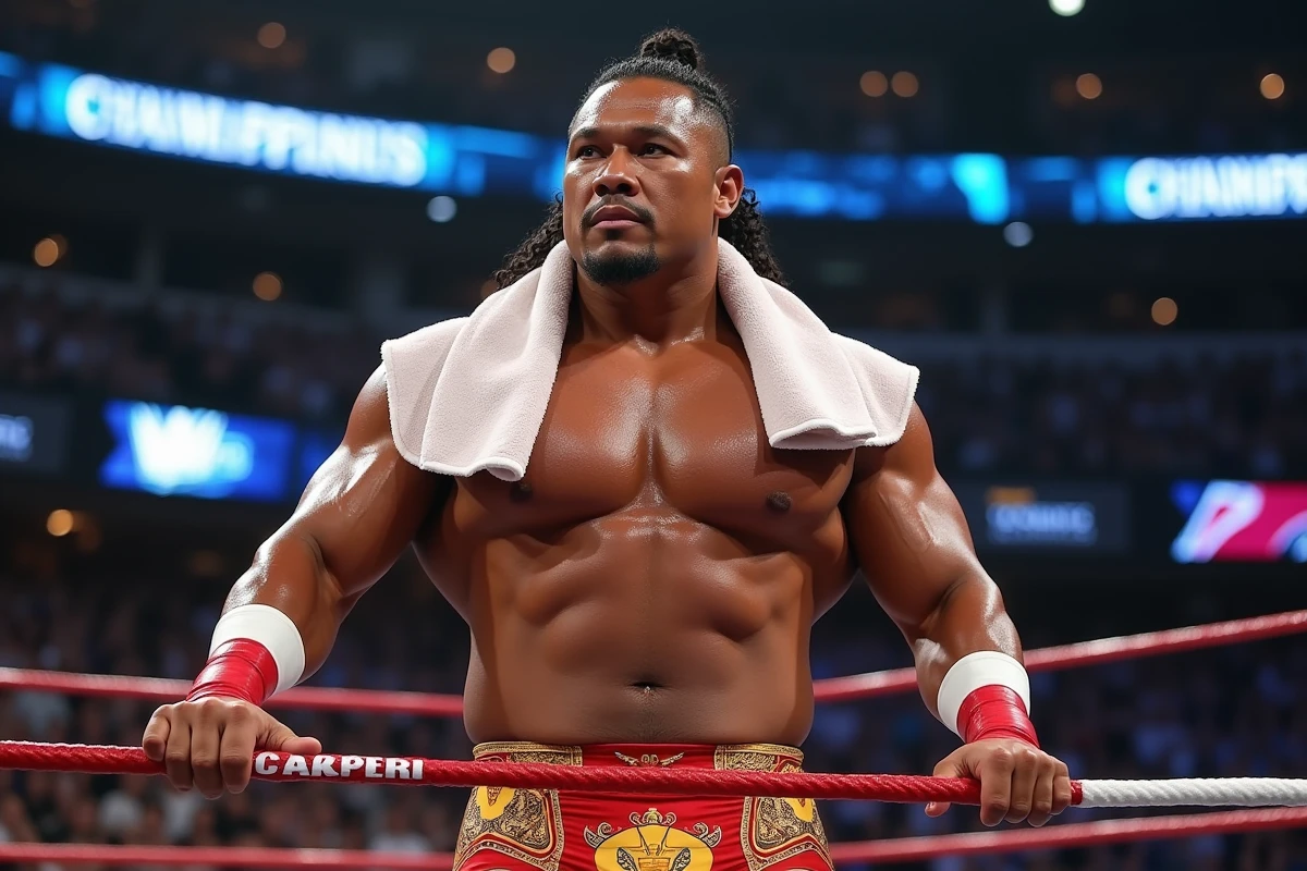 Lutteur samoan en tenue de combat dans une arène de catch