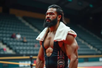 Lutteueur samoan-americain confiant près du ring de lutte