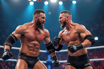 Deux lutteurs musclés en plein match dans un ring lumineux