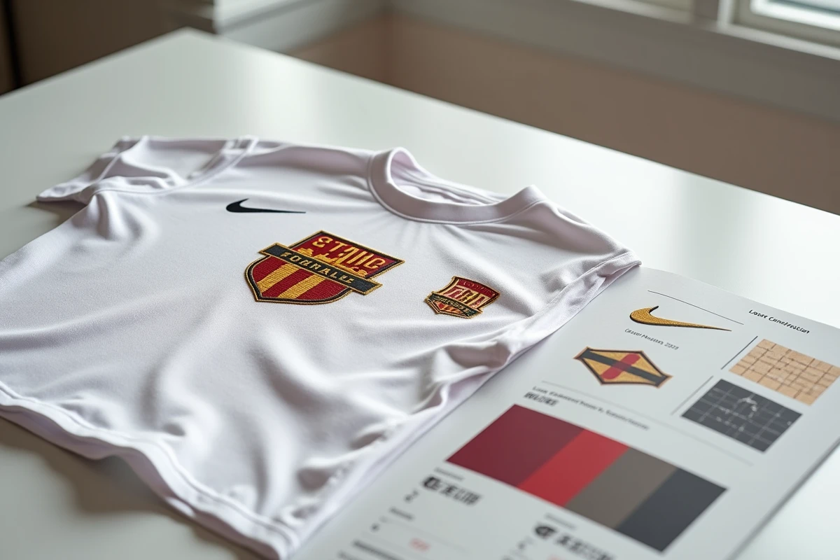 Maillot de football avec écusson brodé et guide de marque pour refonte de logo FC en 2026