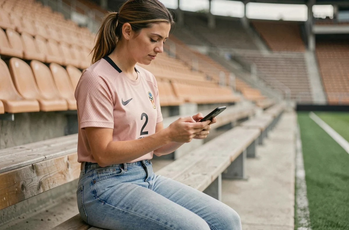 Femme portant le maillot Nike 2026 dans un stade de football vide en consultant son téléphone