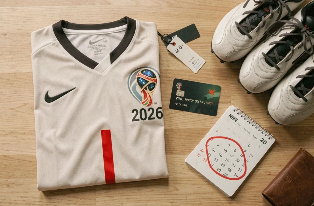 Maillot Nike Coupe du Monde 2026 en flat lay avec carte bancaire et calendrier de sortie