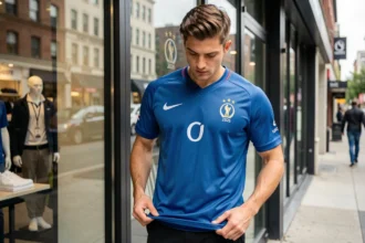 Homme examinant le maillot Nike Coupe du Monde 2026 devant une boutique de sport en ville