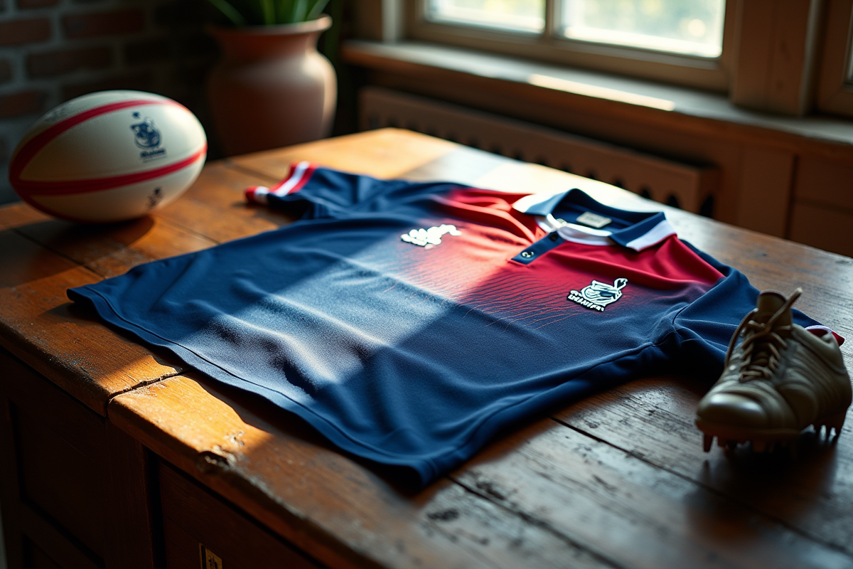 Maillot de rugby 2025 posé sur une table en bois avec ballon ancien