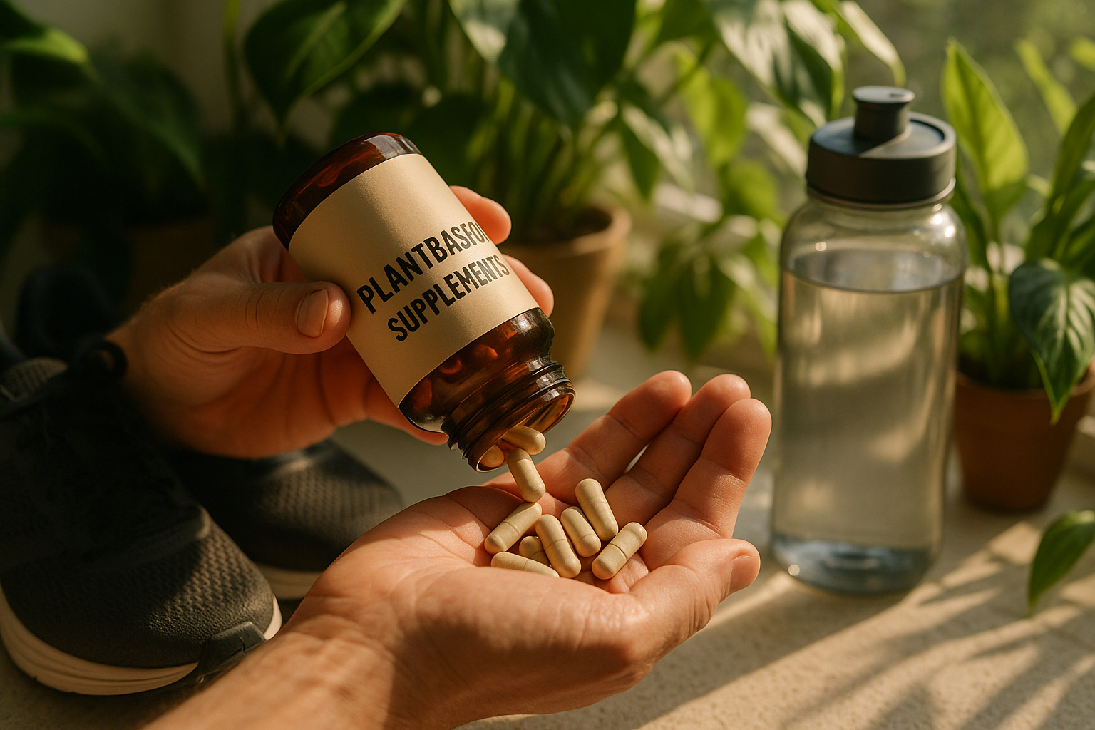 Mains tenant une bouteille de compléments végétaux avec équipement sportif