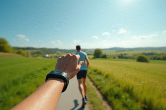 Personne marchant vite dans la campagne avec un tracker de fitness