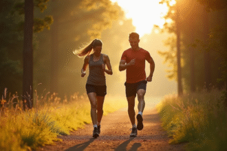 Couple de sportifs marchant dans la forêt au matin