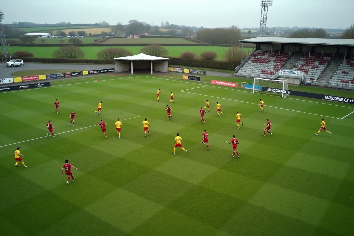 Match de football amateur en cours dans un stade municipal du district de l'Orne avec la campagne normande en arrière-plan