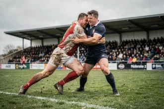 Deux joueurs de rugby en plein affrontement lors d'un match de Fédérale 2, tacle dynamique sur terrain boueux avec tribune en arrière-plan