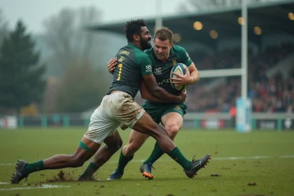 Deux joueurs de rugby amateur en plein plaquage lors d'un match de Fédérale 3, avec maillots boueux et public en arrière-plan
