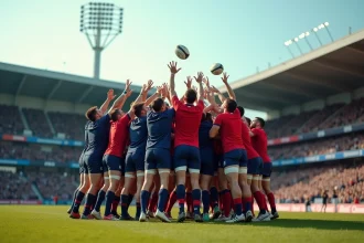 Joueurs de rugby en touche lors d'un match de Fédérale 1, sautant pour capter le ballon devant des tribunes de supporters