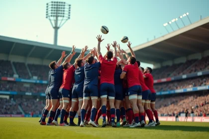 Joueurs de rugby en touche lors d'un match de Fédérale 1, sautant pour capter le ballon devant des tribunes de supporters