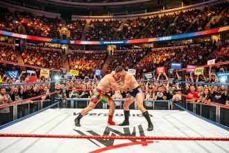 Match de catch WWE dans une grande arène parisienne avec deux catcheurs en action sur le ring devant des milliers de spectateurs