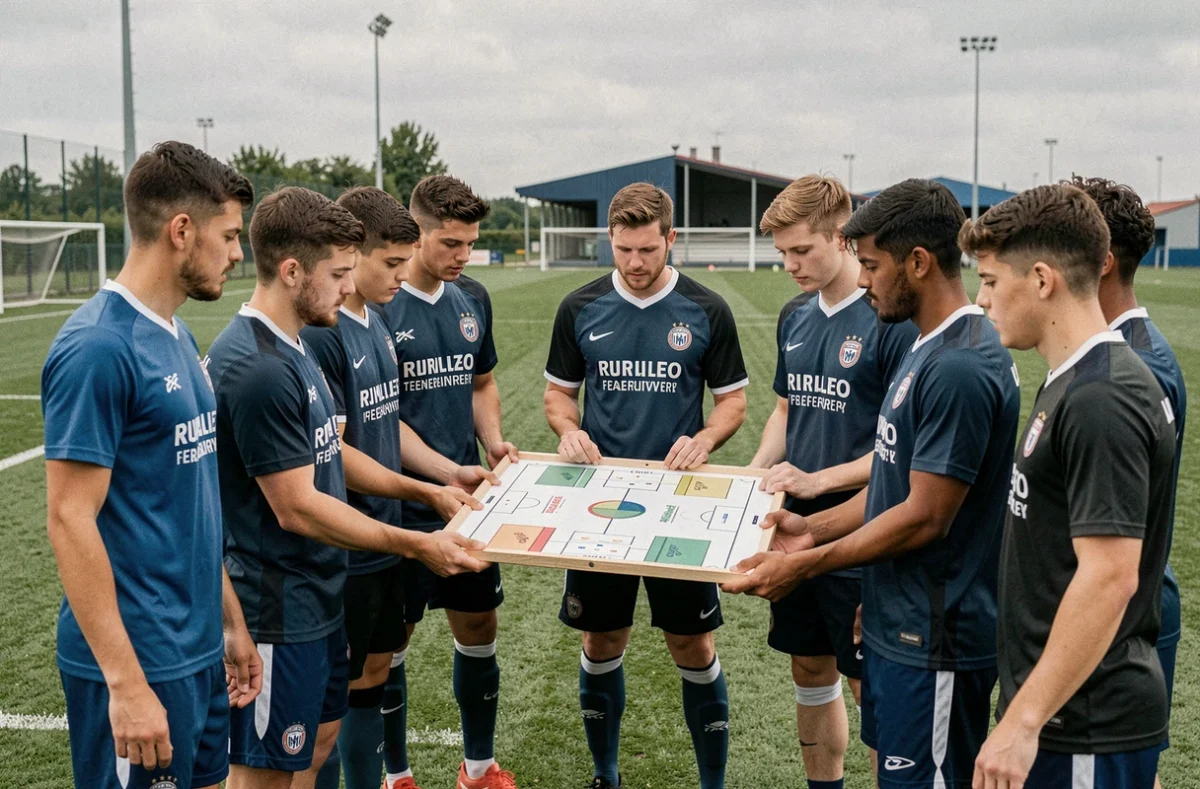 Scène d'entraînement de jeunes footballeurs professionnels français autour d'un entraîneur, évoquant le contexte sportif et la formation de Matthis Abline
