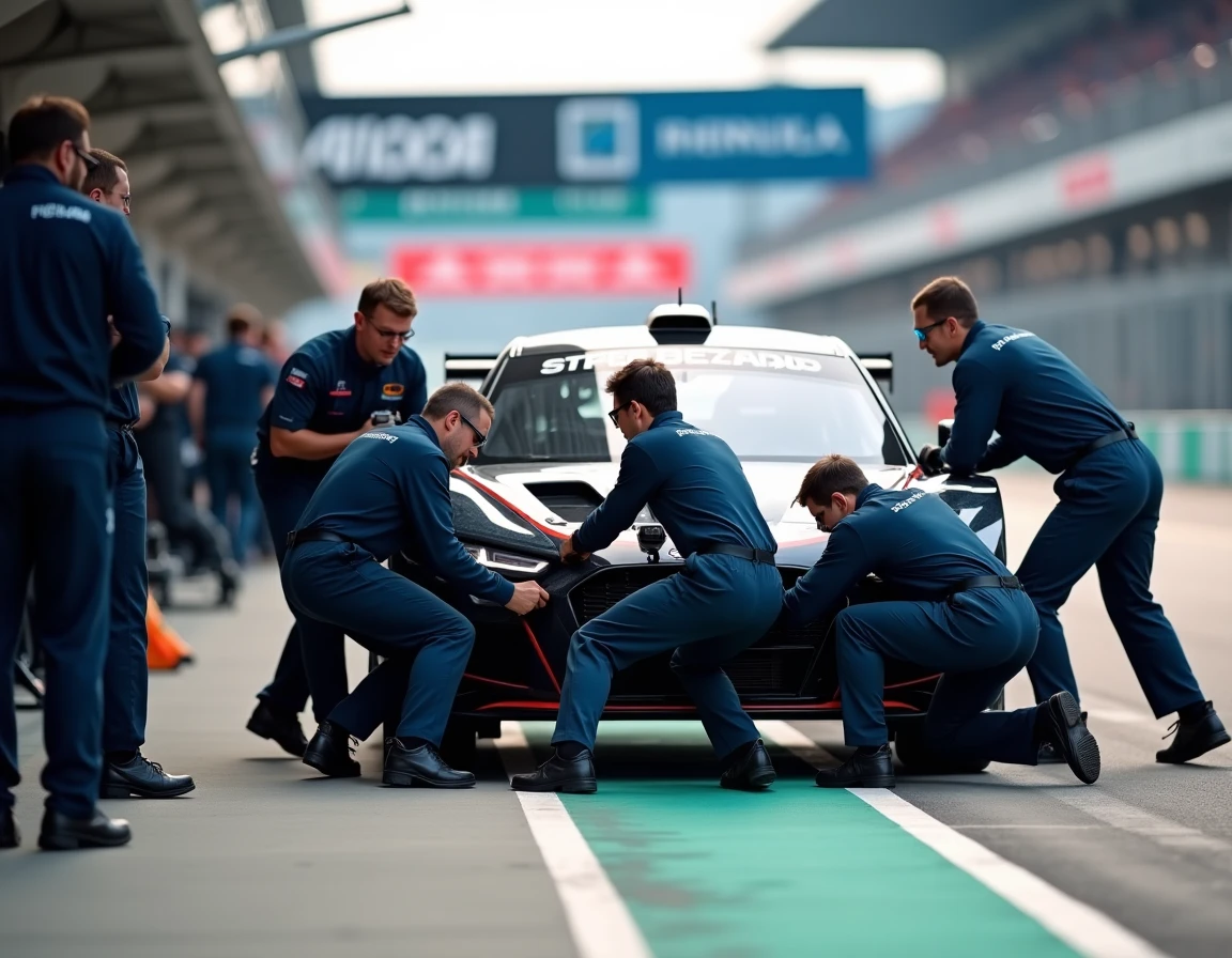 Équipe de mécaniciens en train d'effectuer un changement de pneus lors d'un arrêt au stand sur un circuit de course