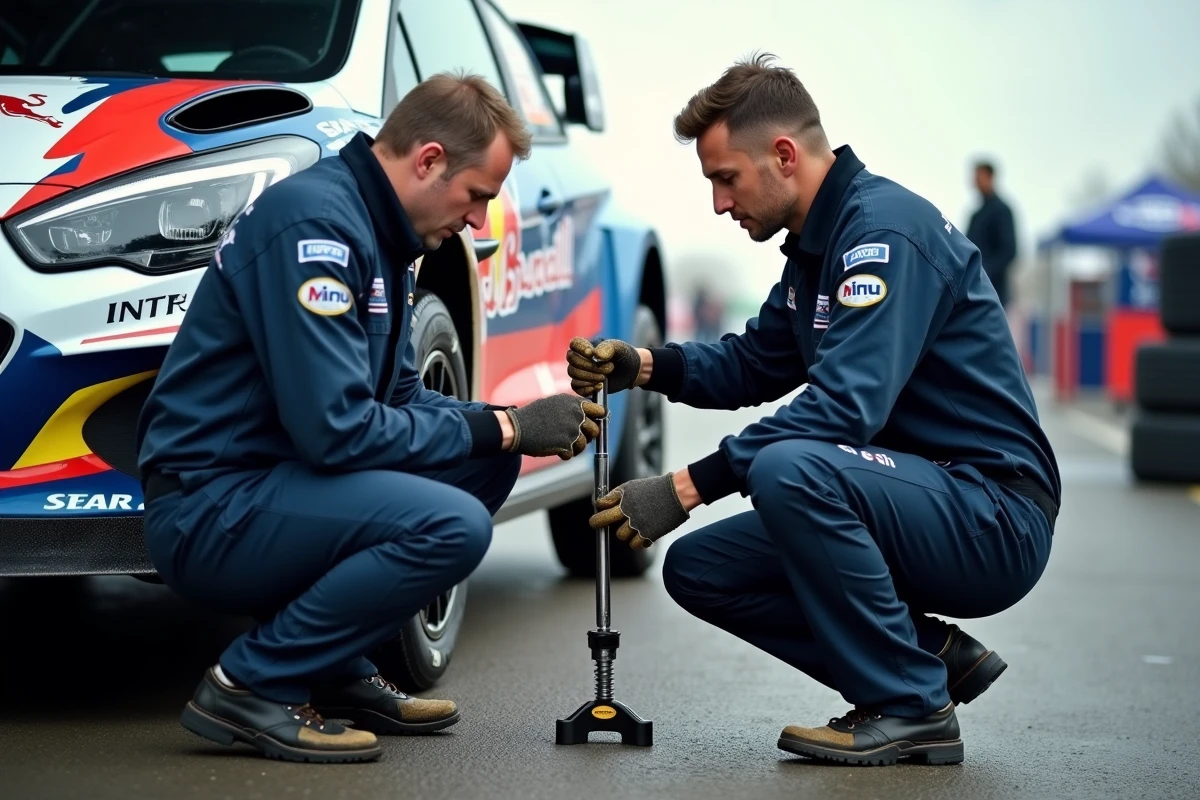 Mécaniciens au parc assistance d'un rallye régional français inspectant la suspension d'une voiture de compétition